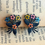 【セット】ブラック×マルチカラー　ブローチ＆イヤリング　花　ブーケ　60年代イギリス