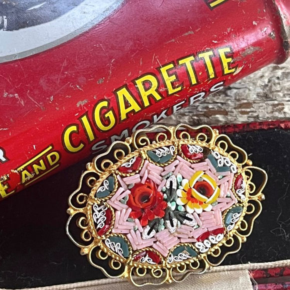 【ブローチ】マイクロモザイク　薔薇　ローズ　フィリグリー　50’sイタリア　