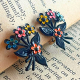 【セット】ブラック×マルチカラー　ブローチ＆イヤリング　花　ブーケ　60年代イギリス