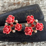 【ピアス】ベークライト　薔薇　ローズ　コーラル　50’s USA