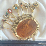 【ブローチ】goldette　ハットピン　カメオ　薔薇　ミツバチ　アンバー　インタリオ　60’s goldette