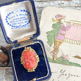 【リング】セルロイド　コーラルピンク　花彫りカボション　40’sイギリス