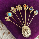 【ブローチ】goldette ゴルデット　7個チャーム　カニ　カメオ　色石　60’s USA