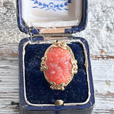 【リング】セルロイド　コーラルピンク　花彫りカボション　40’sイギリス