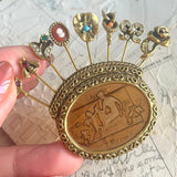 【ブローチ】goldette　ハットピン　カメオ　薔薇　ミツバチ　アンバー　インタリオ　60’s goldette