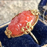 【リング】セルロイド　コーラルピンク　花彫りカボション　40’sイギリス