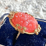 【リング】セルロイド　コーラルピンク　花彫りカボション　40’sイギリス