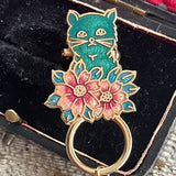 【ブローチ】ネコ　花　タッセル　エナメル　70’s USA