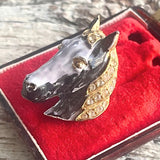 【ブローチ】馬 Horse Head ブラック×グレー　ゴールド鬣　　60'sフランス