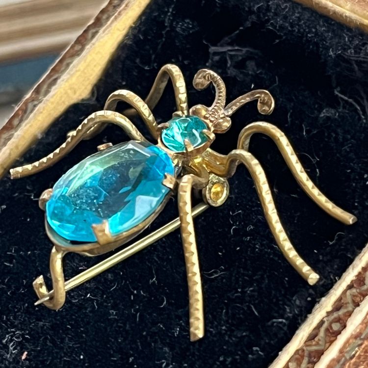 ブローチ】spider 蜘蛛 クモ アンティーク ブルー CZECHO チェコ製