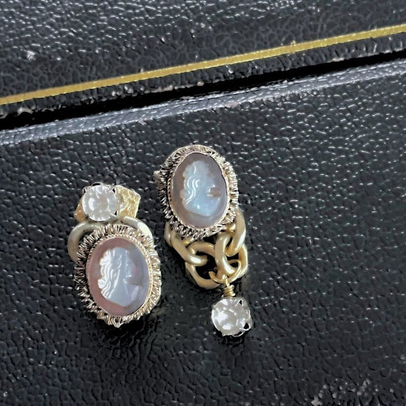 【ピアス】カメオ　cameo アシンメトリー　800刻印　30'sイギリスvintage