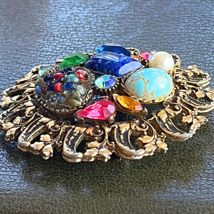 ブローチ】天然石 多種パーツ フラワーフレーム カラフル 60'sフランス