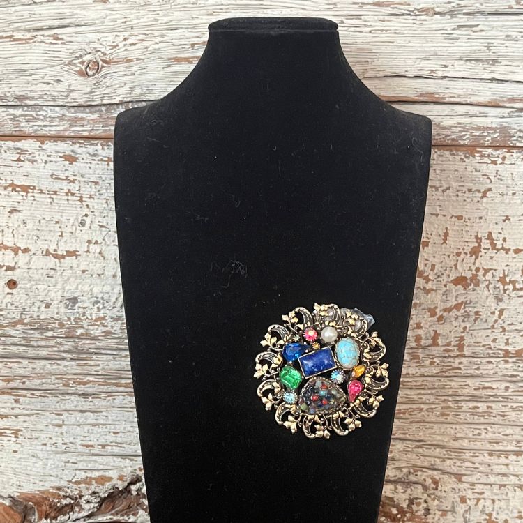 ブローチ】天然石 多種パーツ フラワーフレーム カラフル 60'sフランス