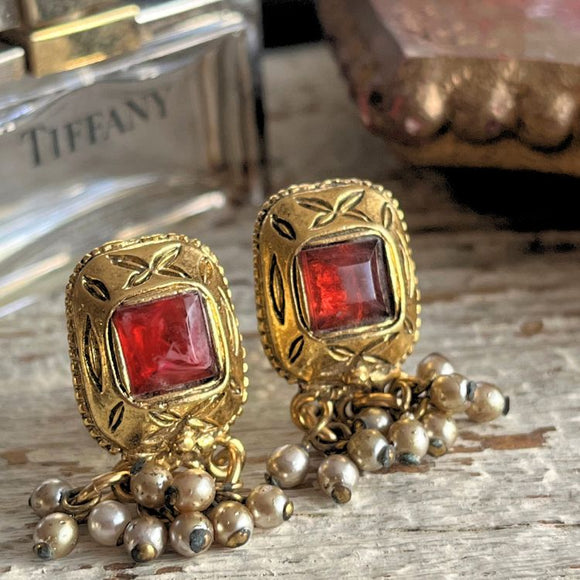 【イヤリング】エジプティアン　赤　レッド　パール　グリポア　70’sUSA