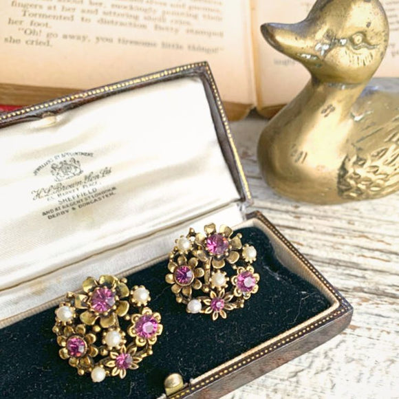 【イヤリング】LISNER リスナー　アメジスト×パール　4種フラワー　60’s USA