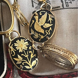 【イヤリング】スペイン　ダマスキナード　花と鳥　象嵌細工　コラージュ　30’sフランス　