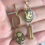 【イヤリング】スペイン　ダマスキナード　花と鳥　象嵌細工　コラージュ　30’sフランス　