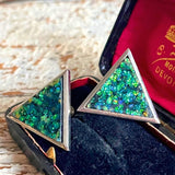 【イヤリング】モザイクオパール　トライアングル　グリーン　80’s USA