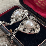 【ブローチ】ハート　レース　ラペルピン　2連チェーン　80’s USA