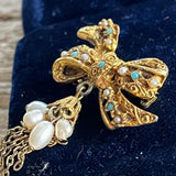 【ブローチ】リボン　タッセル　バロックパール　50’sイギリスvintage