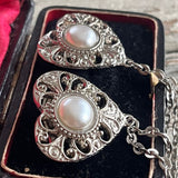 【ブローチ】ハート　レース　ラペルピン　2連チェーン　80’s USA