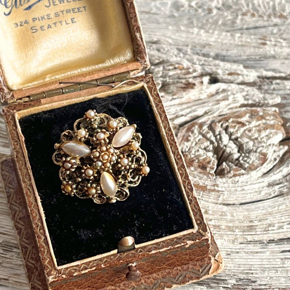 【リング】パール　透かし　ボタニカル　アール・ヌーヴォー　70’sフランス