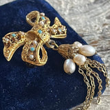 【ブローチ】リボン　タッセル　バロックパール　50’sイギリスvintage