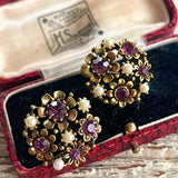 【イヤリング】LISNER リスナー　アメジスト×パール　4種フラワー　60’s USA