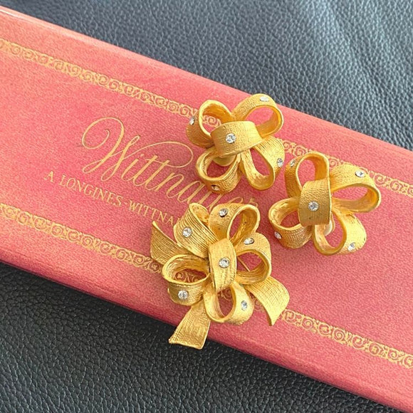 【イヤリング＆ブローチ】ゴールドリボン　ヴィンテージセット　パリュール parure flower bow アクセサリーセット